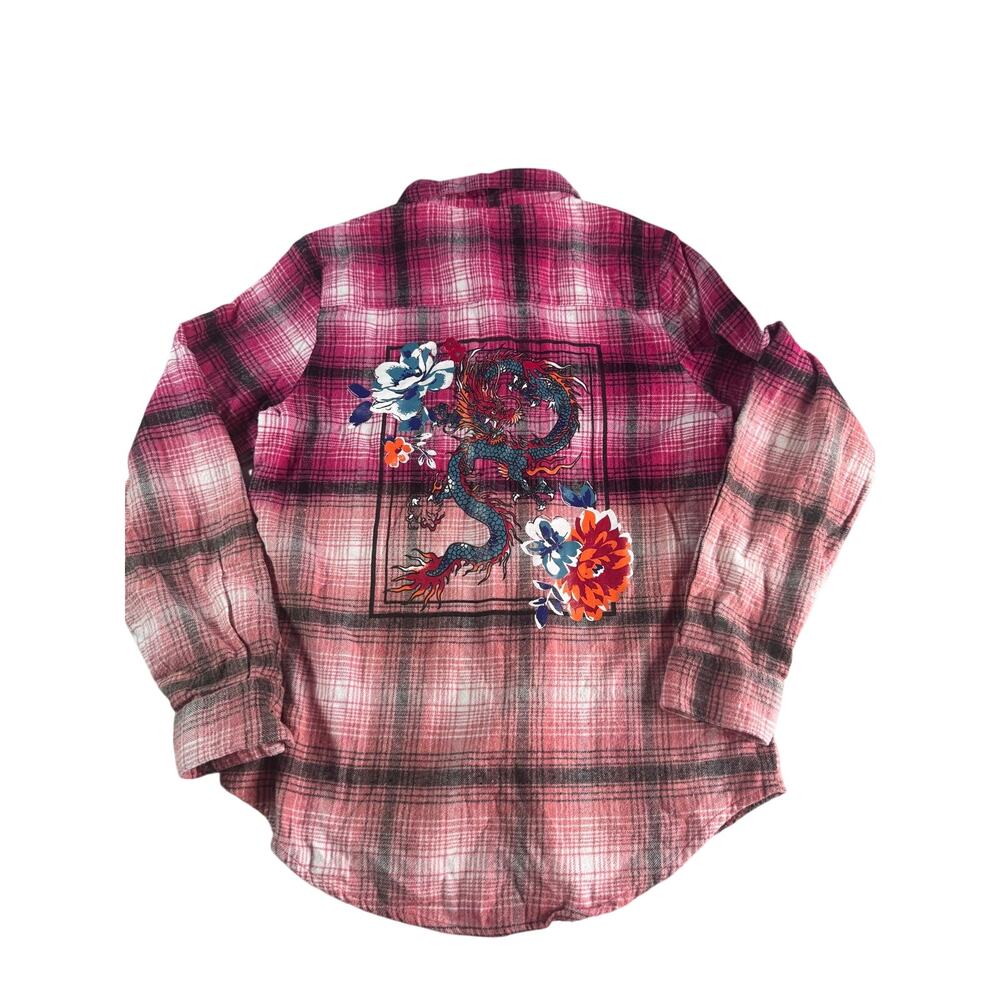 Jolie & Joy Womens Small Pink Plaid Flannel Shirt Dragon Graphic Y2K Grunge